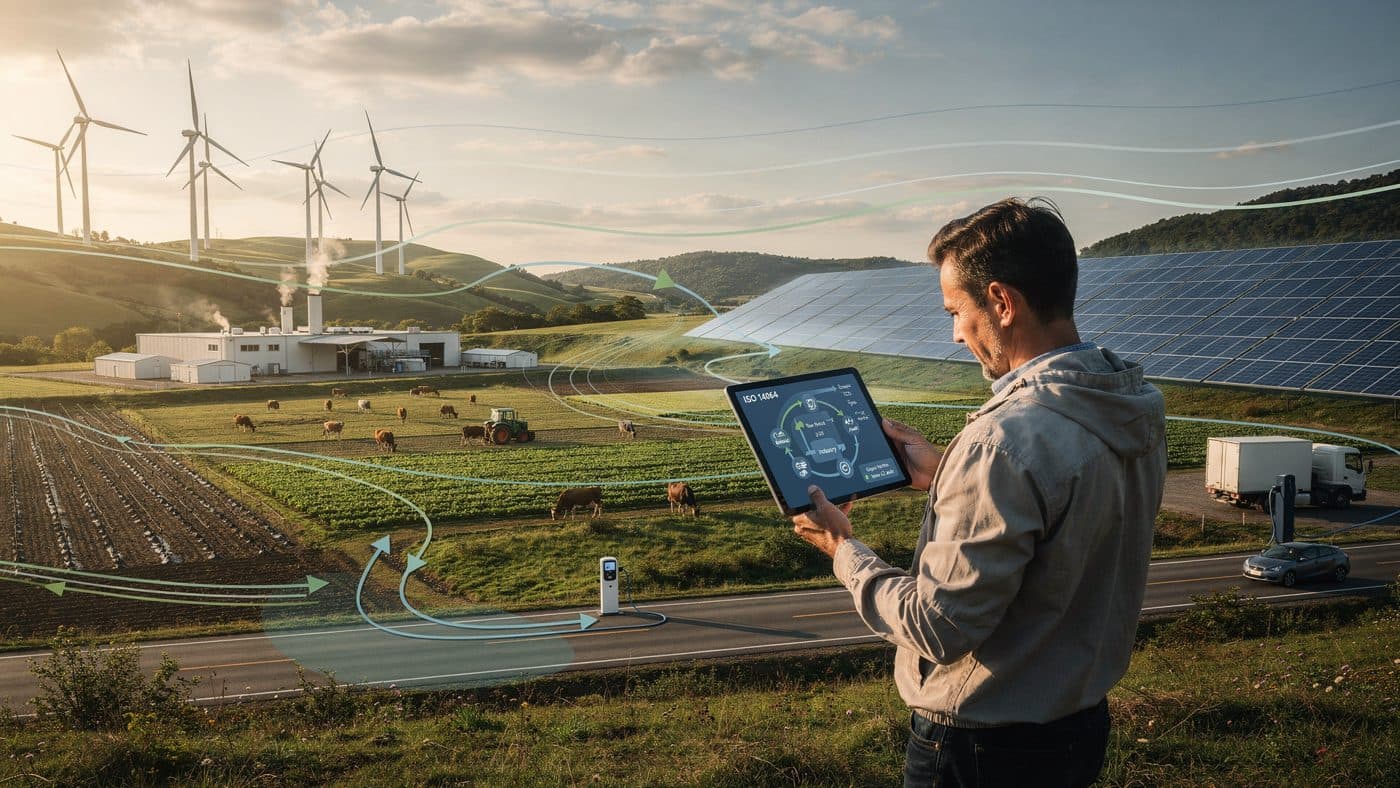 A verifier reviewing an ISO 14064 process diagram on a tablet beside a farm, factory and solar field